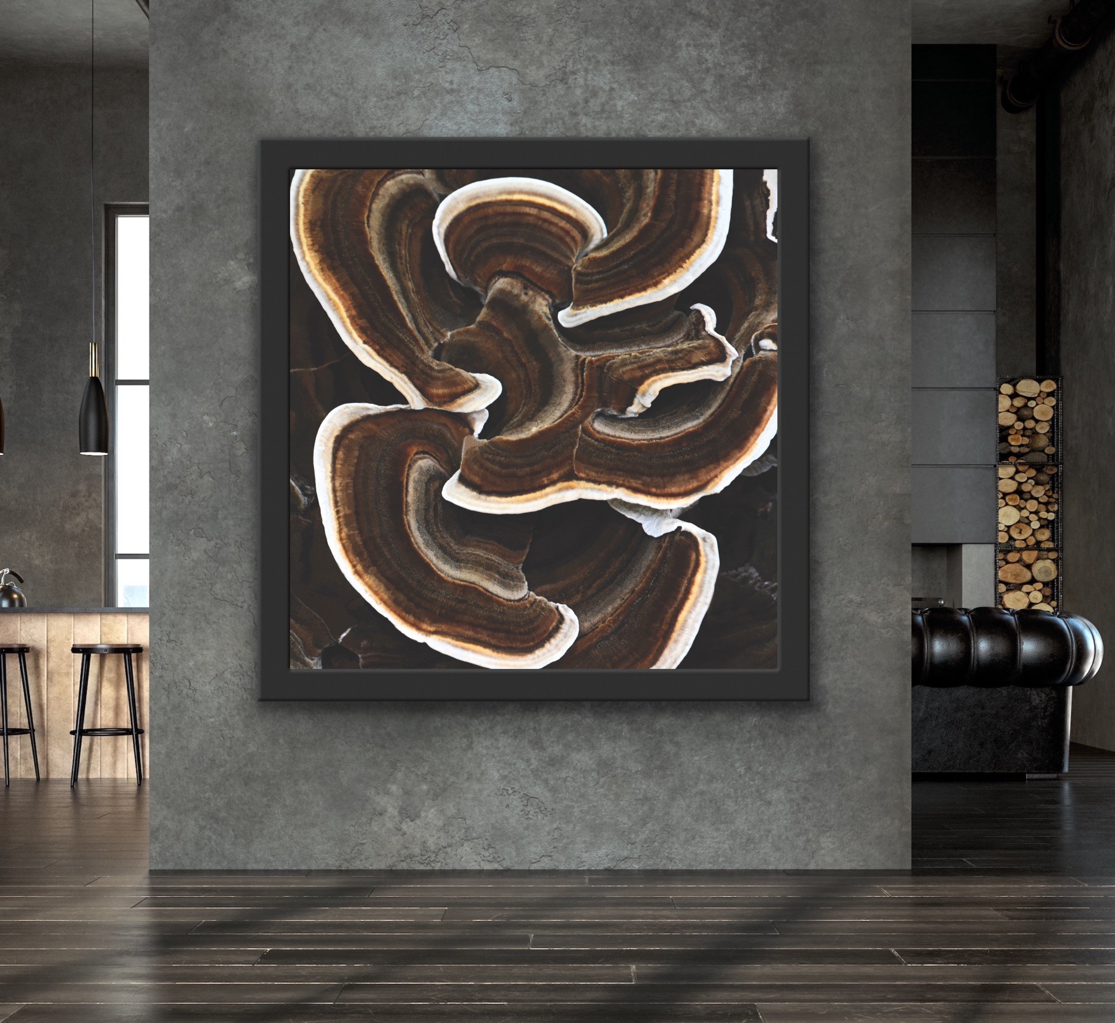 Patricia Bukur’s turkey-tail mushroom artwork displayed in a large frame in a contemporary room